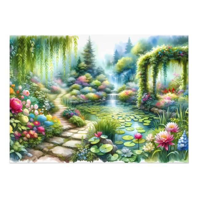 Impression Photo Jardin de cascade enchanté Étang de nénuphars (Devant)