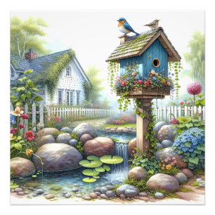 Impression Photo Jardin de maisonnette à l'aquarelle avec nichoir à