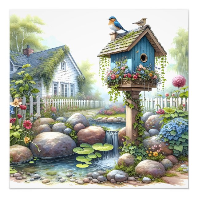 Impression Photo Jardin de maisonnette à l'aquarelle avec nichoir à (Devant)