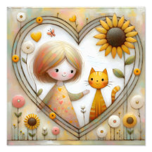 Jeune Fille et Chat Roux avec Tournesols