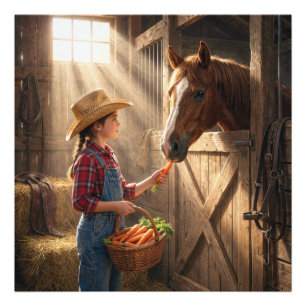 Impression Photo Jeune fille nourrissant un cheval avec des carotte
