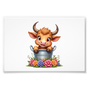 Impression Photo Joli bébé vache highland avec fleurs Veau animal c