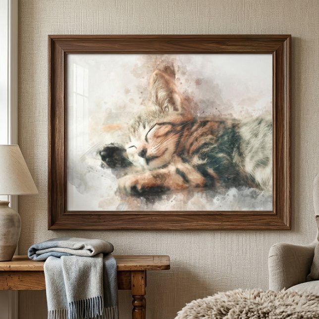 Impression Photo Joli et mignon chaton endormi aquarelle (Beautiful and cute kitten sleeping watercolor. photo print)