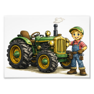 Impression Photo Joli Garçon Fermier Avec Art de Tracteur Vert Vint