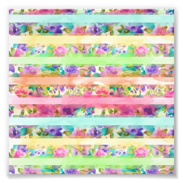 Impression Photo Jolie fleurs rayures Aquarelle peinture main (Devant)
