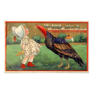 Impression Photo Joyeux Thanksgiving Petite Fille et Dinde Vintage