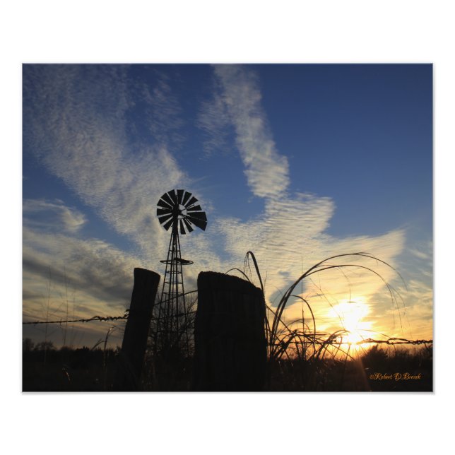 Impression Photo Kansas Windmill Sunset avec clôture (Devant)