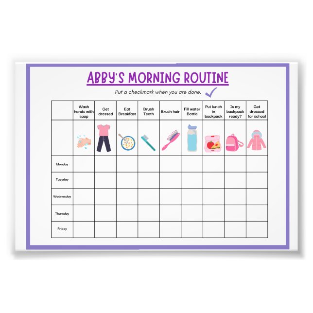 Impression Photo Kids Morning Routine Checklist with Cute Icons (Devant)