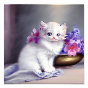 Impression Photo Kitten blanc vintage aux fleurs roses et violettes