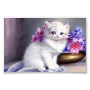 Impression Photo Kitten blanc vintage aux fleurs roses et violettes