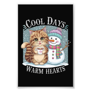 Impression Photo Kitten Cat and Snowman Friends Share Coffee Winter