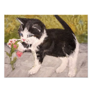 Impression Photo Kitten Jouer avec Fleur rose