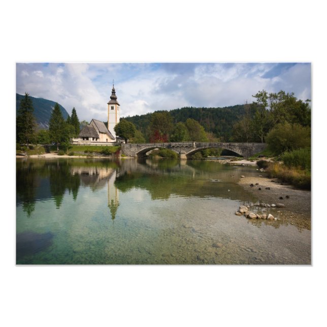 Impression Photo Lac Bohinj avec église en Slovénie imprimer (Devant)
