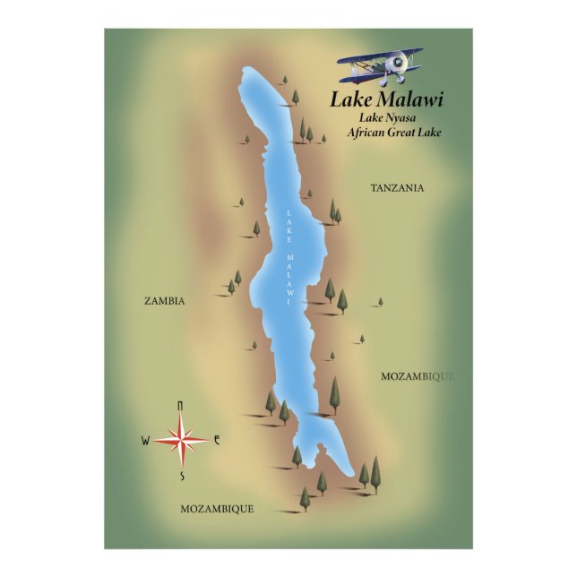 Impression Photo Lac Malawi, carte de voyage (Devant)