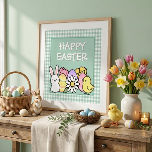 Impression Photo Lapin de Pâques Poussins Œufs Gingham Vert (Créateur téléchargé)