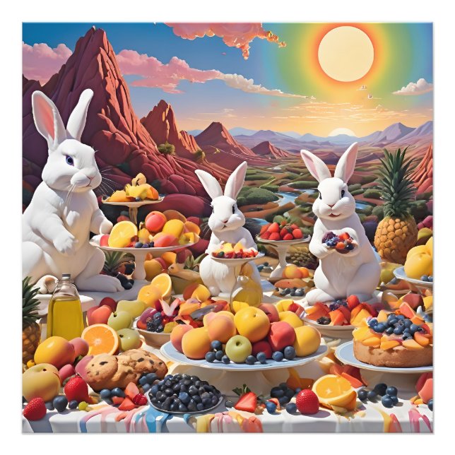 Impression Photo Lapins blancs avec paysage de fruits (Devant)