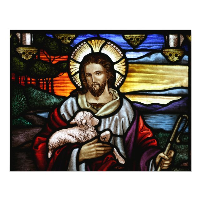 Impression Photo Le Bon Berger; Jésus sur un vitrail (Devant)