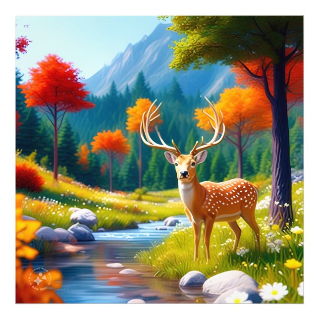 Impression Photo Le Cerf d'Or debout dans la forêt (Devant)