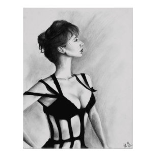 Impression Photo Le dessin d'art de la femme en robe noire portrait