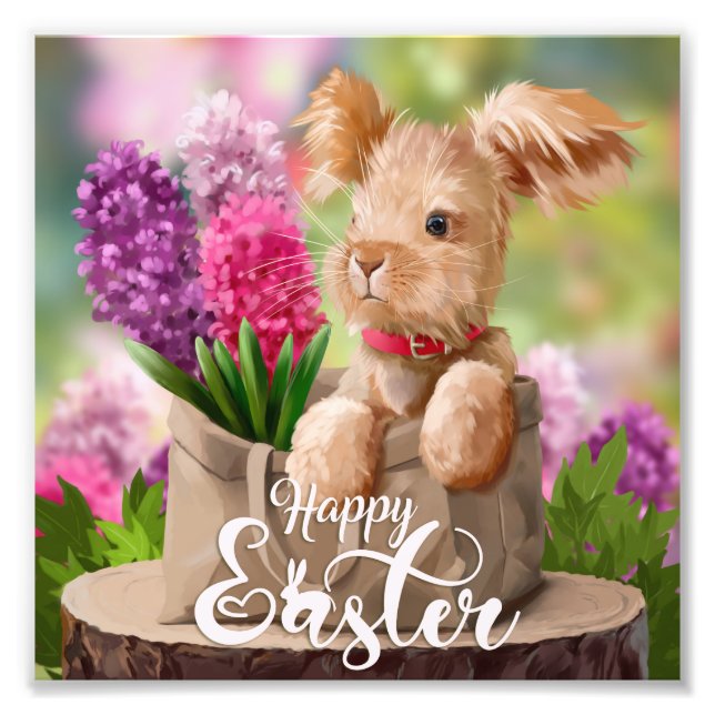 Impression Photo Le lapin de Pâques et un bouquet de jacinthes (Devant)