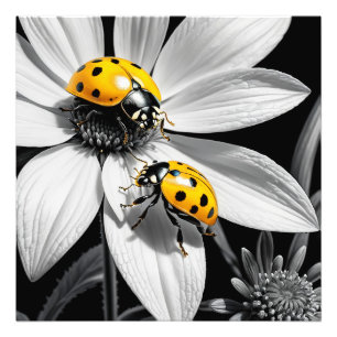 Impression Photo Le scarabée jaune sur la fleur blanche noire