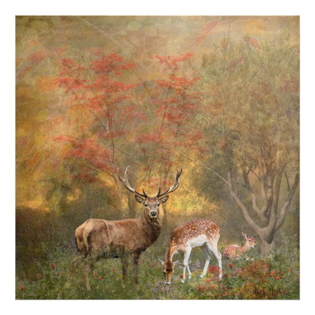 Impression Photo Les cerfs dans la forêt d'automne affiche de tapis (Devant)