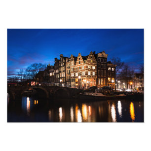 Impression Photo Les maisons du canal d'Amsterdam la nuit