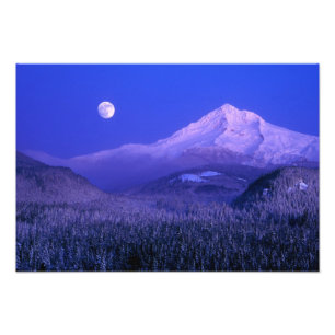 Impression Photo Lever de lune au-dessus du mont Hood hiver, Oregon