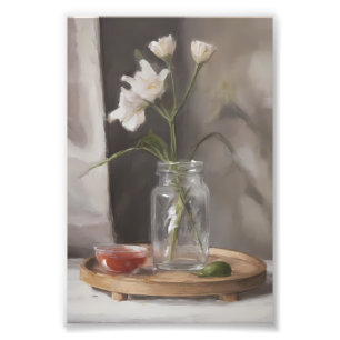 Impression Photo Lilies blanches dans un vase en verre avec des acc