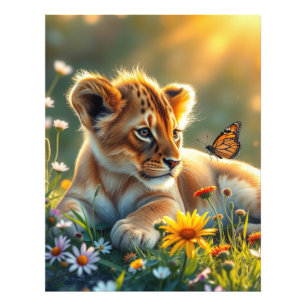 Impression Photo Lion Cub au lever du soleil avec un papillon