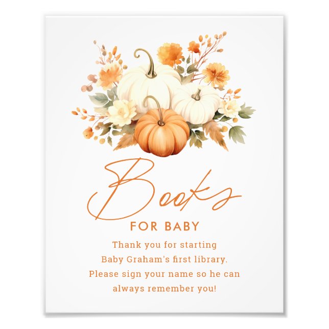 Impression Photo Little Pumpkin Fall Books for Baby Shower Sign (Devant)