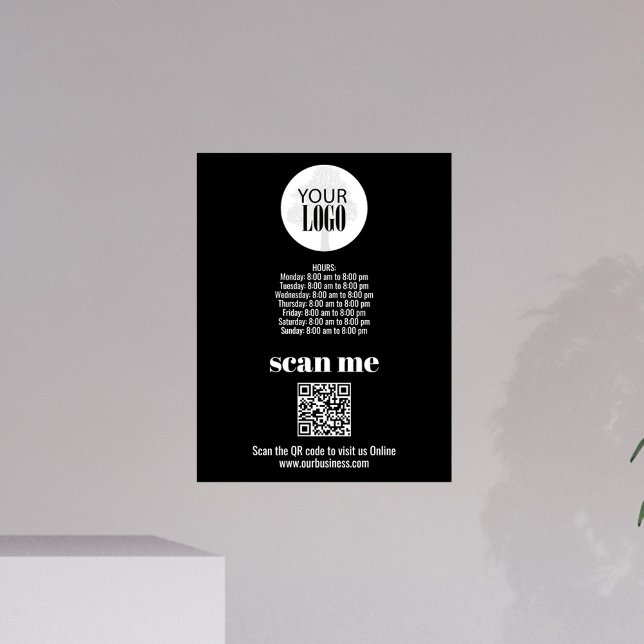 Impression Photo Logo d'entreprise simple Code QR noir et blanc (Simple black and white business sign with hours template, logo, and QR Code. )