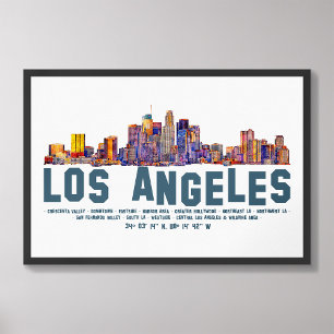 Impression Photo Los Angeles Skyline. Noms et coordonnées des zones