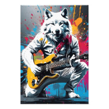 Loup blanc jouant de la guitare, graffiti