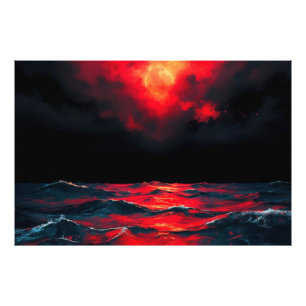 Impression Photo Lune rouge au-dessus de l'océan foncé Imaginaire s