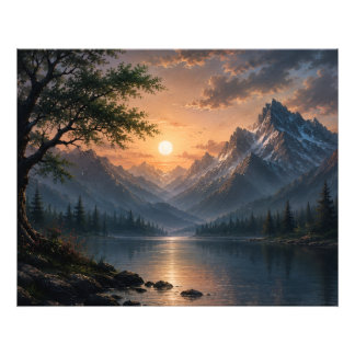 Impression Photo Magnifique coucher de soleil sur le lac de montagn