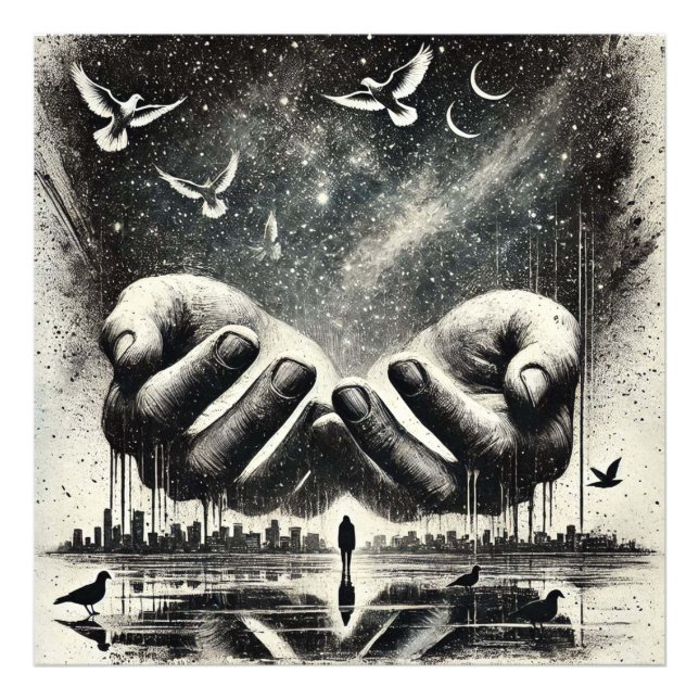 Impression Photo Mains relâchant les oiseaux dans le ciel, noir bla (Devant)