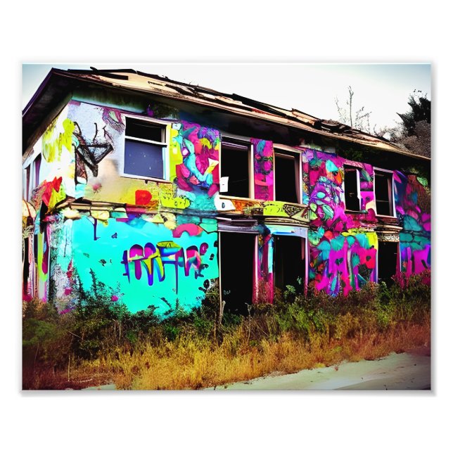 Impression Photo Maison abandonnée avec Graffiti coloré (Devant)