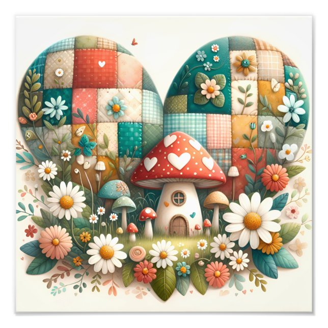 Impression Photo Maison Champignon Cœur Patchwork Fantaisiste (Devant)