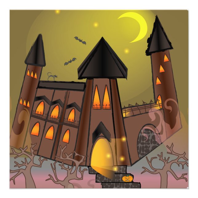 Impression Photo Maison de sorcière éffrayante Halloween et château (Devant)