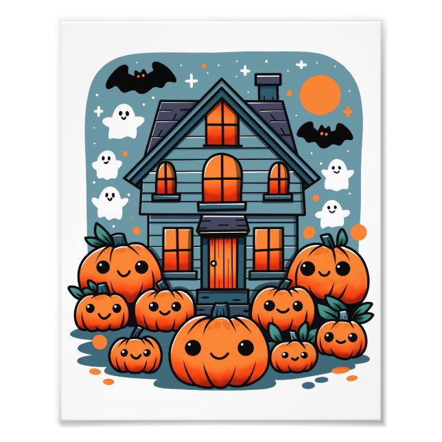 Impression Photo Maison hantée mignonne Citrouilles d'Halloween Fan (Devant)