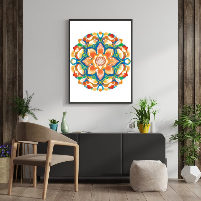Impression Photo Mandala Flower Magic Aquarelle blanche (Mandala Flower Magic White Watercolor Photo Print)