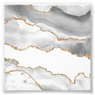 Impression Photo Marbre Blanc Grisé Agate Raffiné Paillettes Dorées