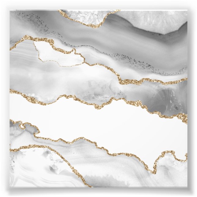 Impression Photo Marbre Blanc Grisé Agate Raffiné Paillettes Dorées (Devant)
