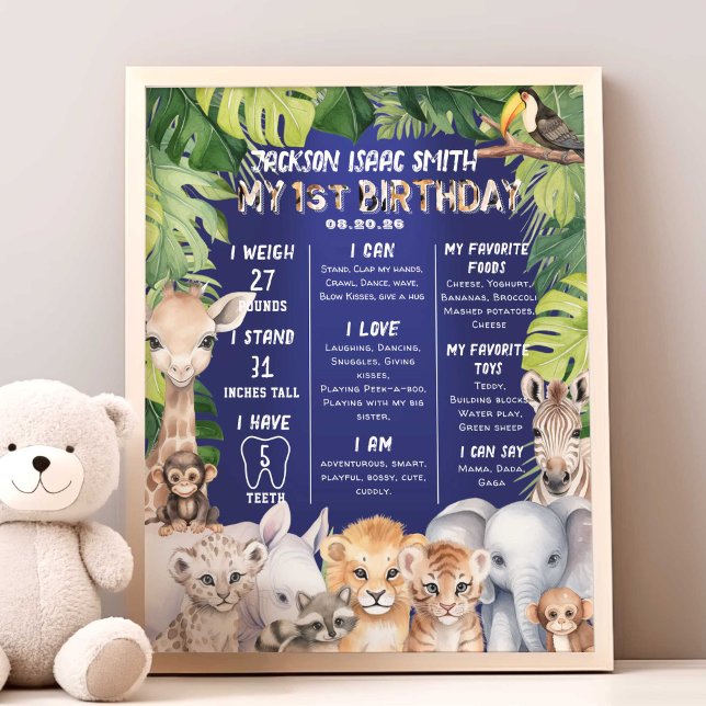 Impression Photo Marine Blue Safari Jungle Animaux 1er jalon (Navy Blue, Boy 1st birthday Safari Animals milestone birthday stat poster.)