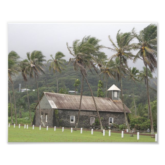 Impression Photo Maui, Église ancienne, Palmiers soufflés par le ve (Devant)