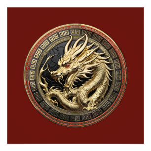 Impression Photo Médaillon de dragon sacré oriental en or