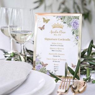 Impression Photo Menu boisson Chic Sage Purple Floral Quinceanera B