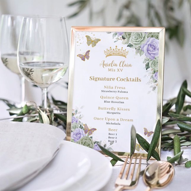 Impression Photo Menu boisson Chic Sage Purple Floral Quinceanera B (Créateur téléchargé)