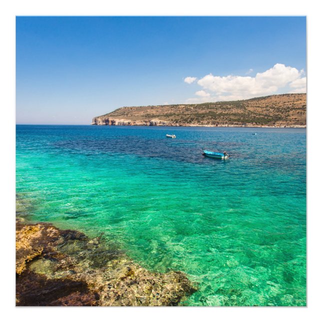 Impression Photo mer avec petit bateau de pêcheur (Devant)